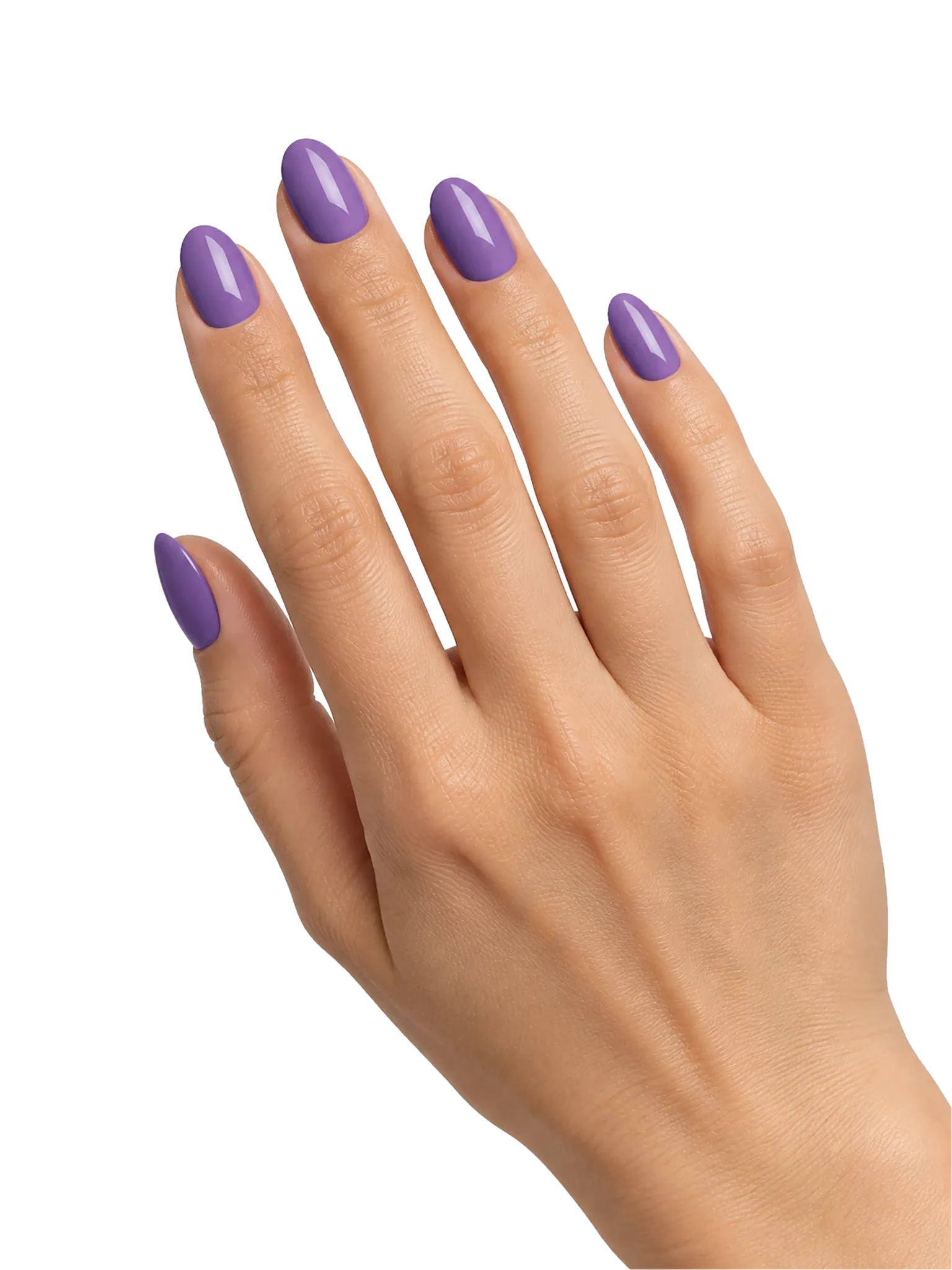 A hand with glossy jacaranda-purple gel nails.