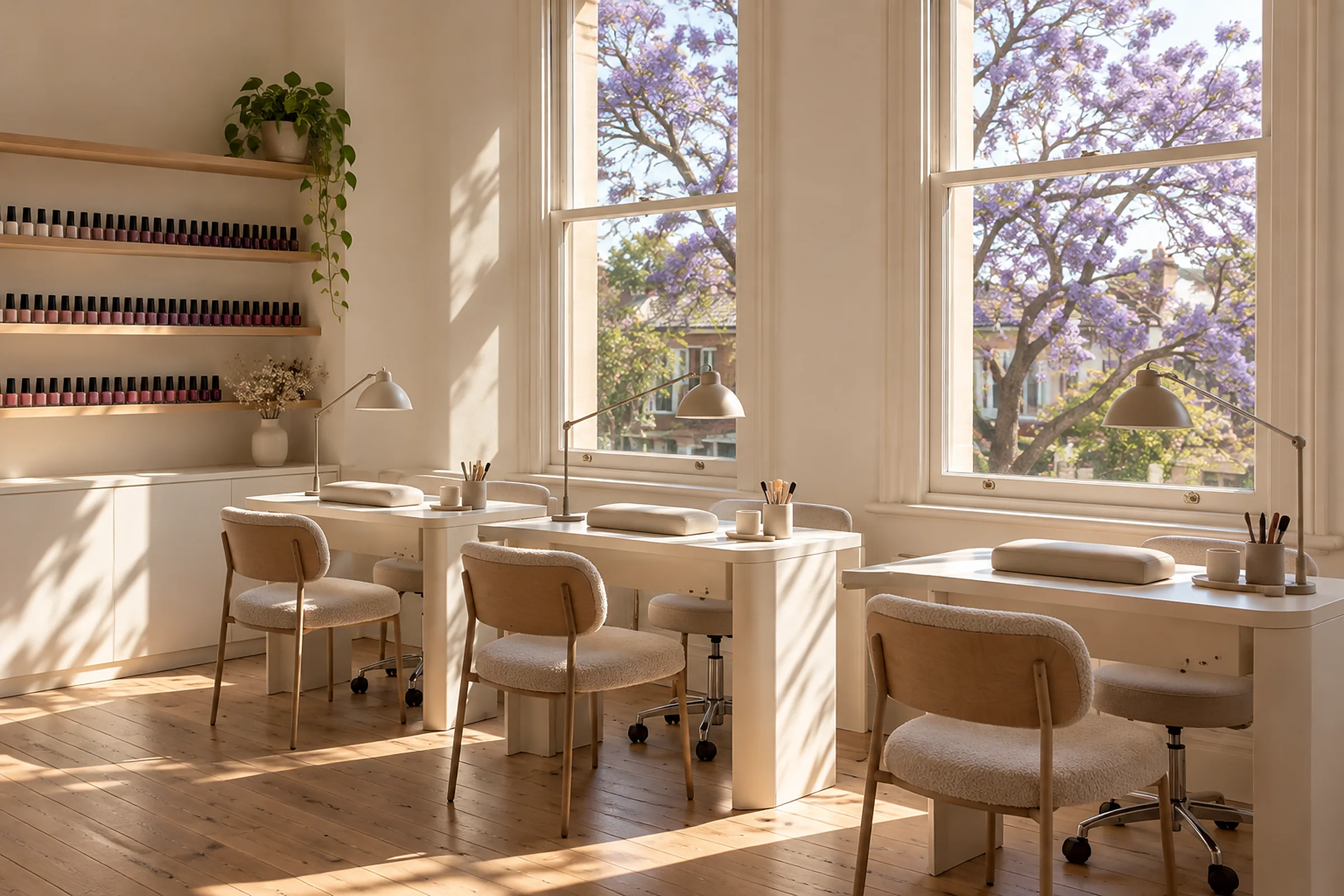 Three small manicure tables by tall windows in an upstairs studio on King Street, Newtown.