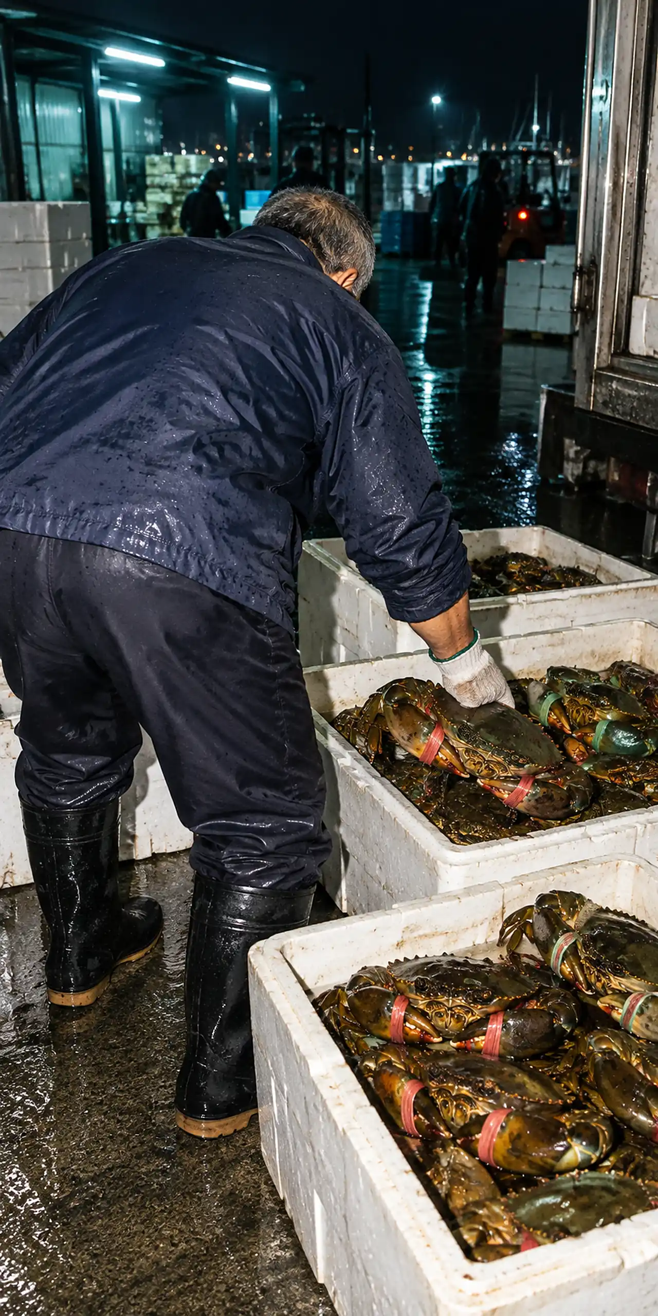 An older man seen from behind choosing crabs at a fish market before dawn.