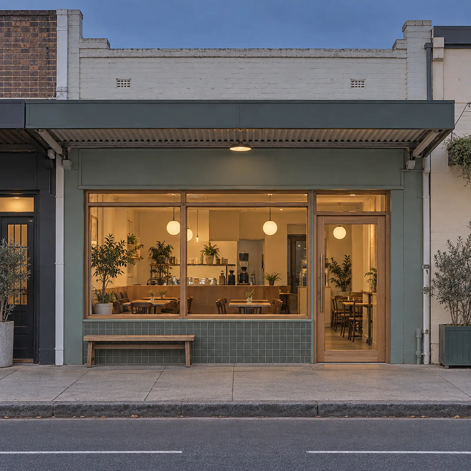 Elevation of a single small shopfront at dusk with its lights on.