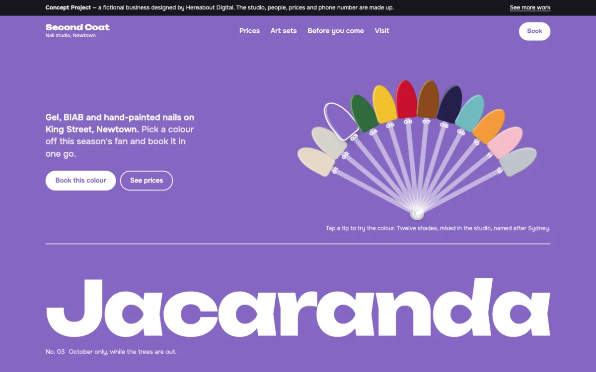 Desktop view of the Second Coat Nail Studio homepage, showing a fan of colour swatches and the hero filled with the chosen shade.
